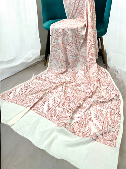 White Pink - Embroidered Paisley Kashmiri Shawl