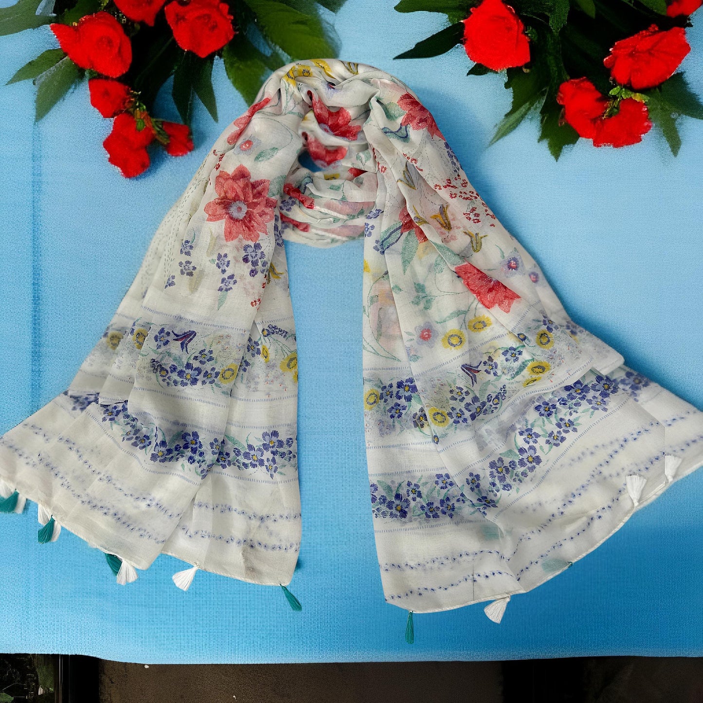 White Blue Floral Printed Lawn Tassel Hijab