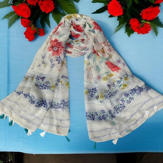 White Blue Floral Printed Lawn Tassel Hijab