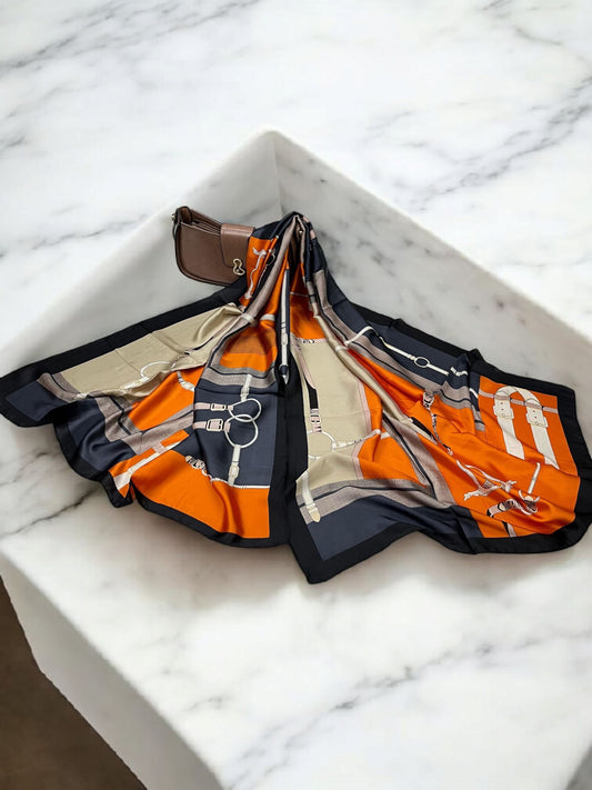 Large Satin Silk Scarf - Black Orange Anchorage