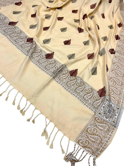 Cream White - Leaflet Kashmiri Border Shawl