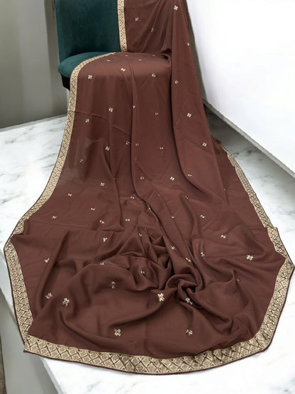 Teracotta Cream Double Curved Border Embroidered Shaal