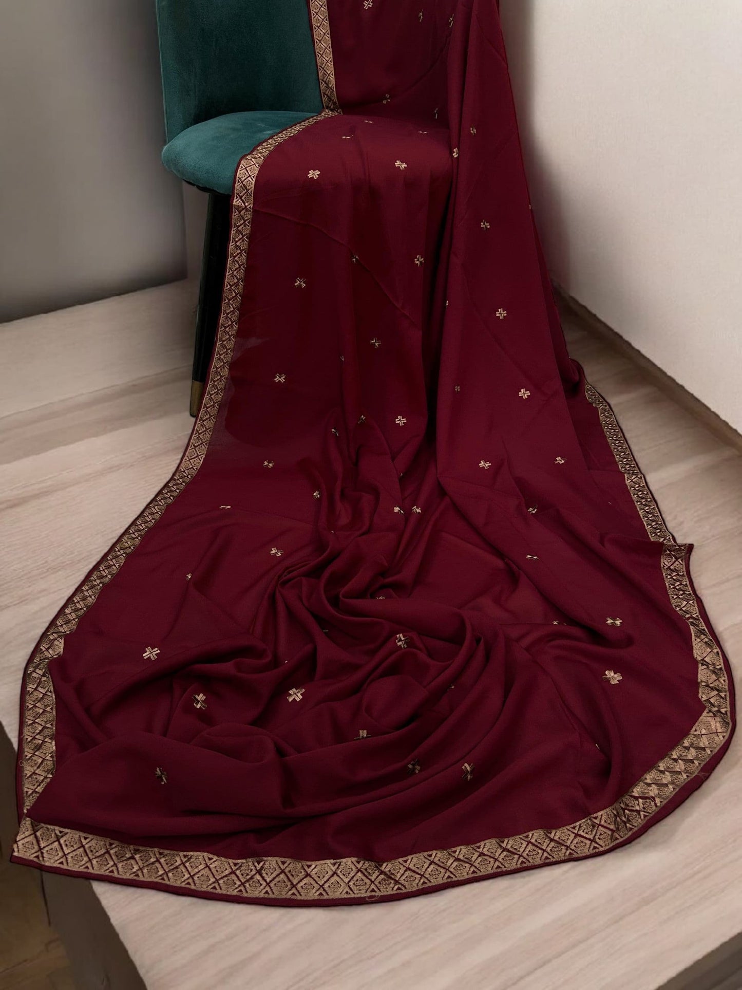 Maroon Peach Double Curved Border Embroidered Shaal
