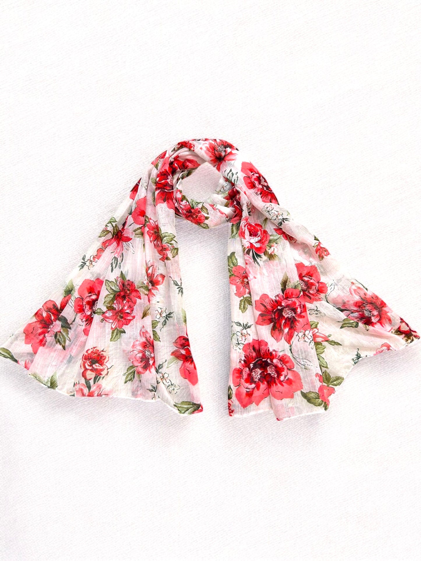 White Red Rose Floral Printed Modal Hijab