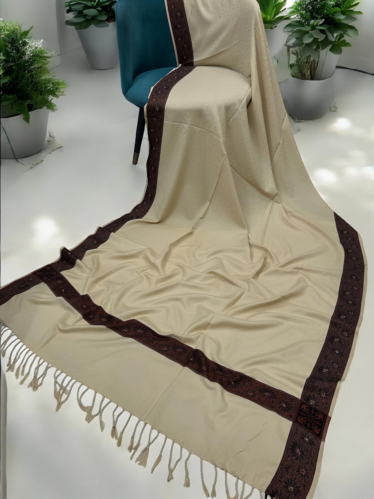 Latte Cream Maroon Embossed Patchwork Border Shawl