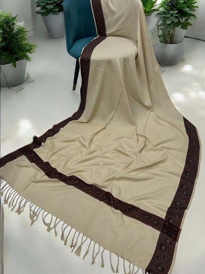 Latte Cream Maroon Embossed Patchwork Border Shawl