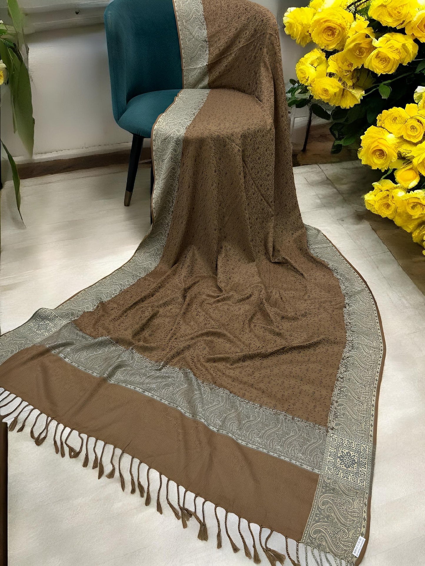 Taupe Cream Threadwork Hand Embroidered Pashmina Shawl