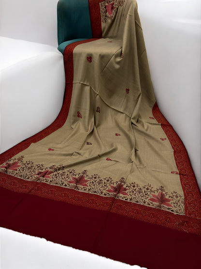 Gul-e-Kashmir – Khaki Maroon Embroidered Patchwork Shaw