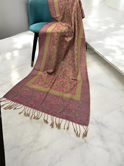 Khaki Candy Pink Paisleys Two-Tone Pashmina Hijab