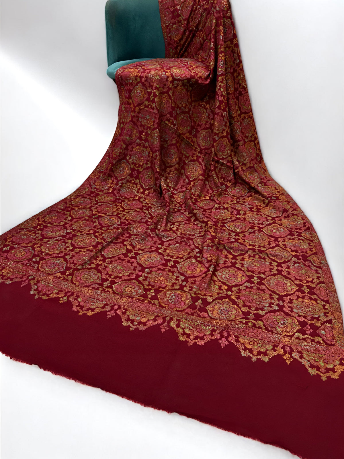 Maroon Multi - Damask Hand-Embroidered Kashmiri Shawl