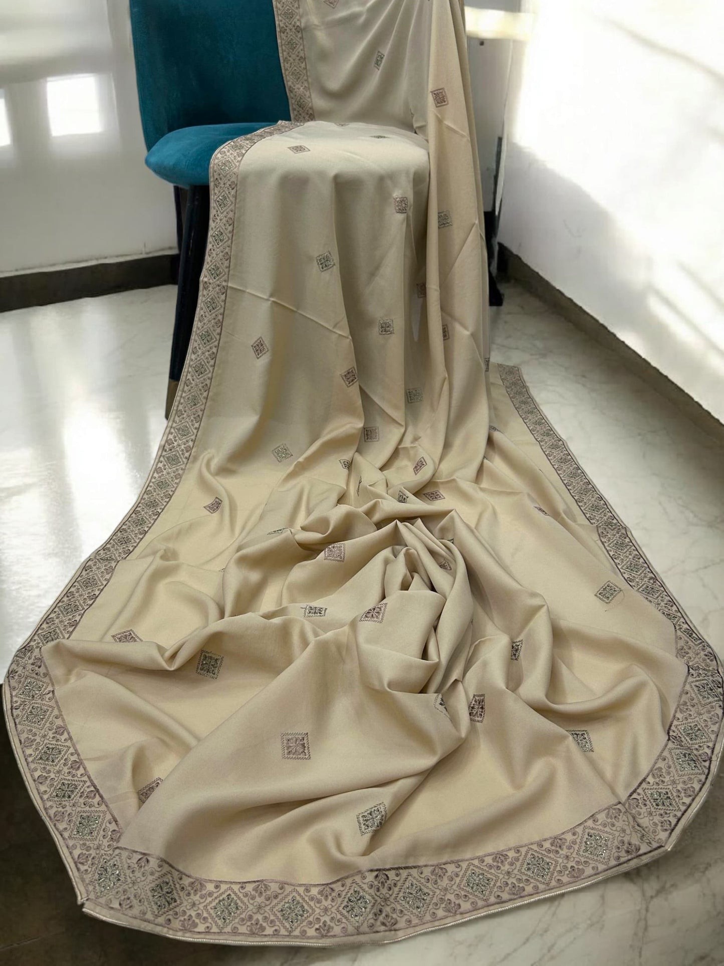 Creamy Beige Squares Threadwork Embroidered Border Shaal