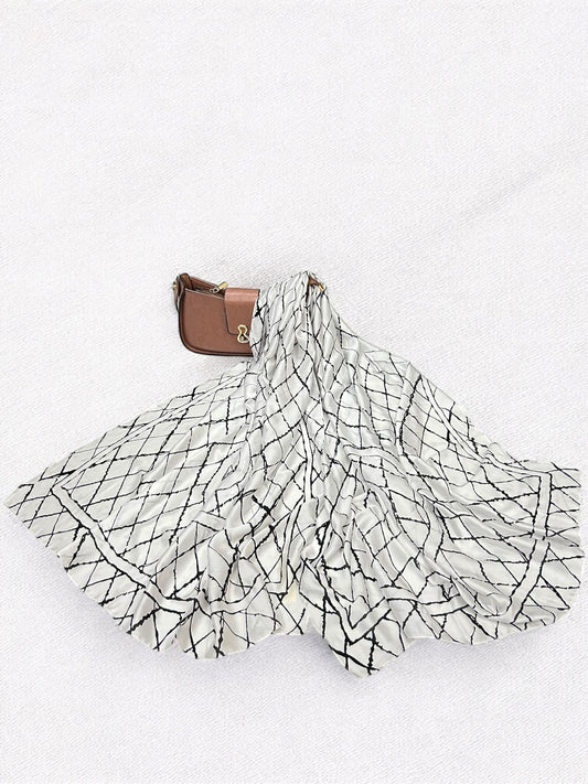 Large Satin Silk Scarf - White Black Diamond Checks