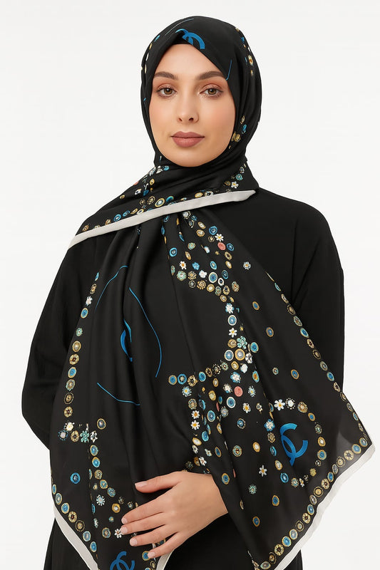 Large Satin Silk Scarf - Black Blue Chanel