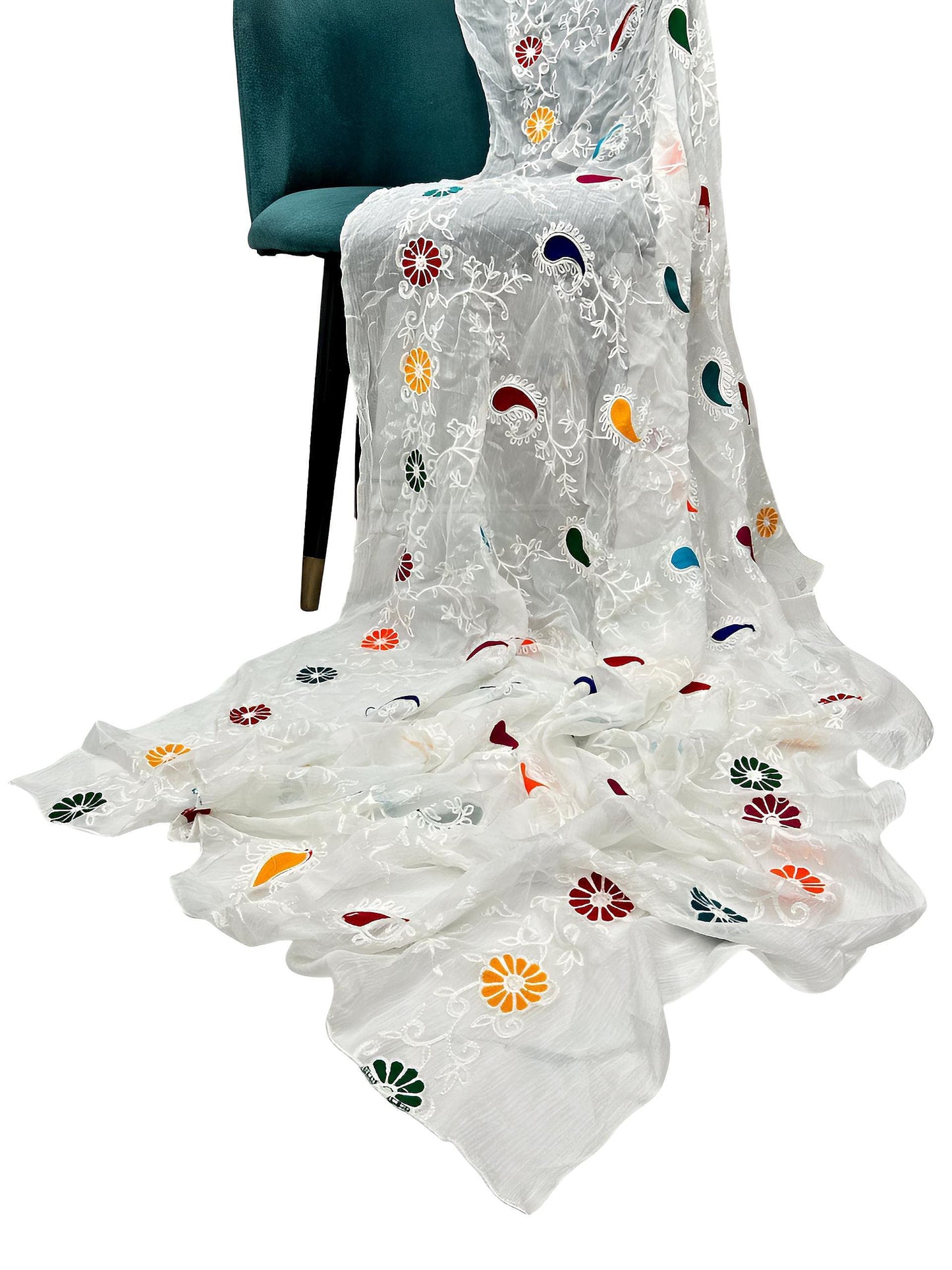 White Multi Paisley Embroidered Chiffon Dupatta
