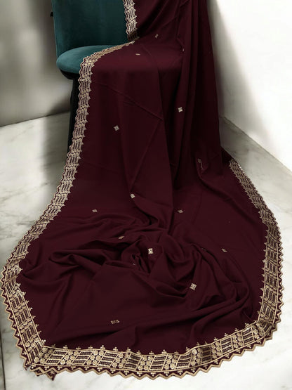 Maroon Cream Geometric Cutwork Border Shaal