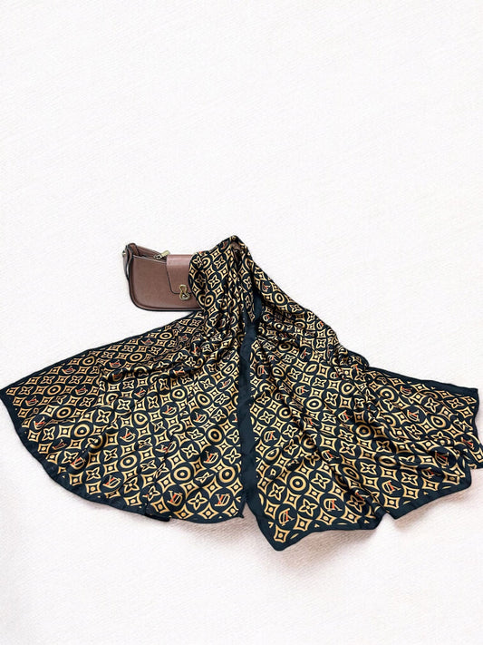 Large Satin Silk Scarf - Black Gold LV