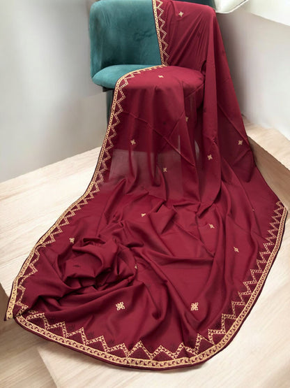 Red Cream Curved Threadwork Embroidered Border Shaal