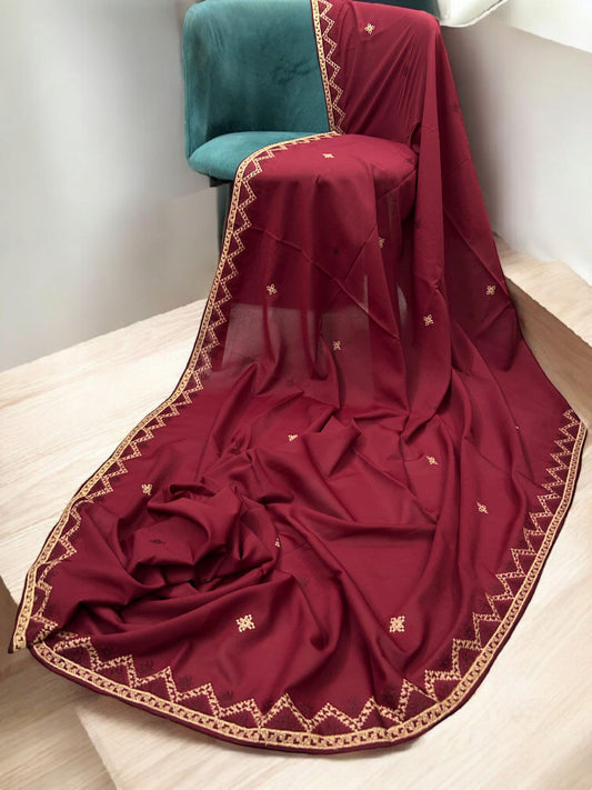 Red Cream Curved Threadwork Embroidered Border Shaal