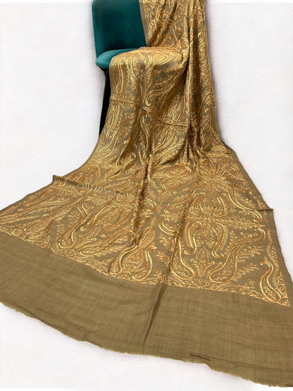 Brown Mustard - Embroidered Paisley Kashmiri Shawl