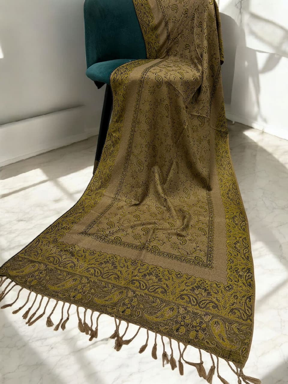 Beige Lime Green two-tone Paisley Pashmina Hijab