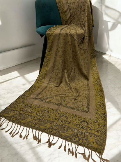 Beige Lime Green two-tone Paisley Pashmina Hijab