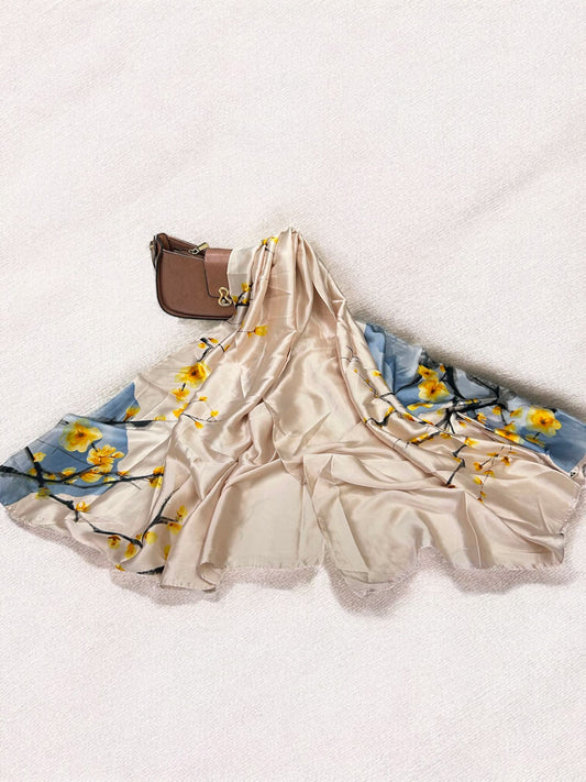 Large Satin Silk Scarf - Fawn Blue Floral