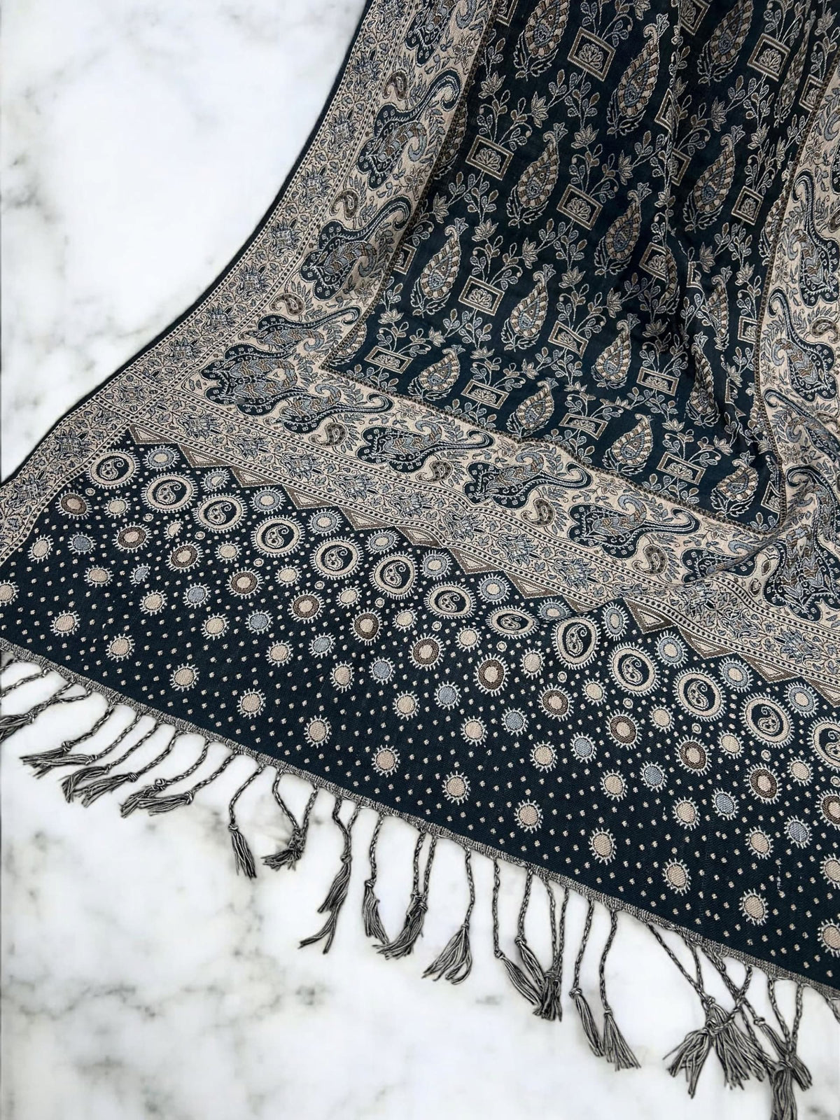 Teal Beige Cream dotted two-tone Paisley Pashmina Hijab