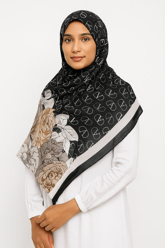 Branded Black Floral LV Printed Modal Hijab