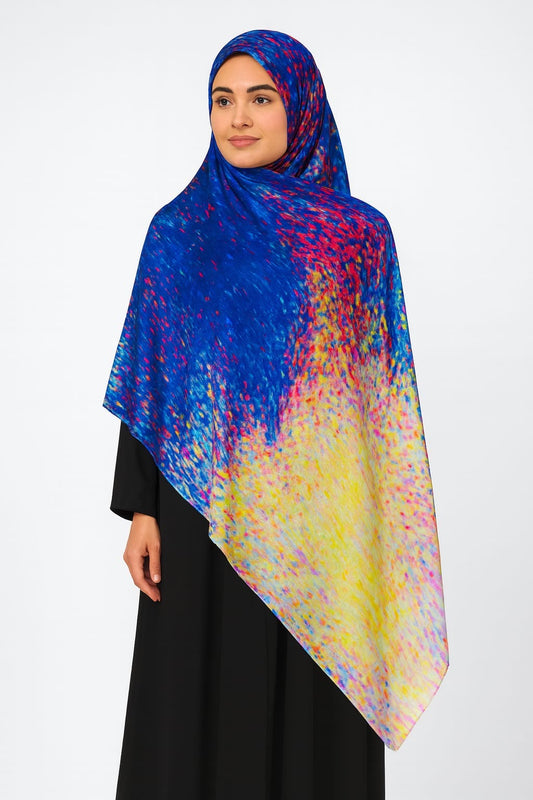 Large Satin Silk Scarf - Blue Yellow Splattered