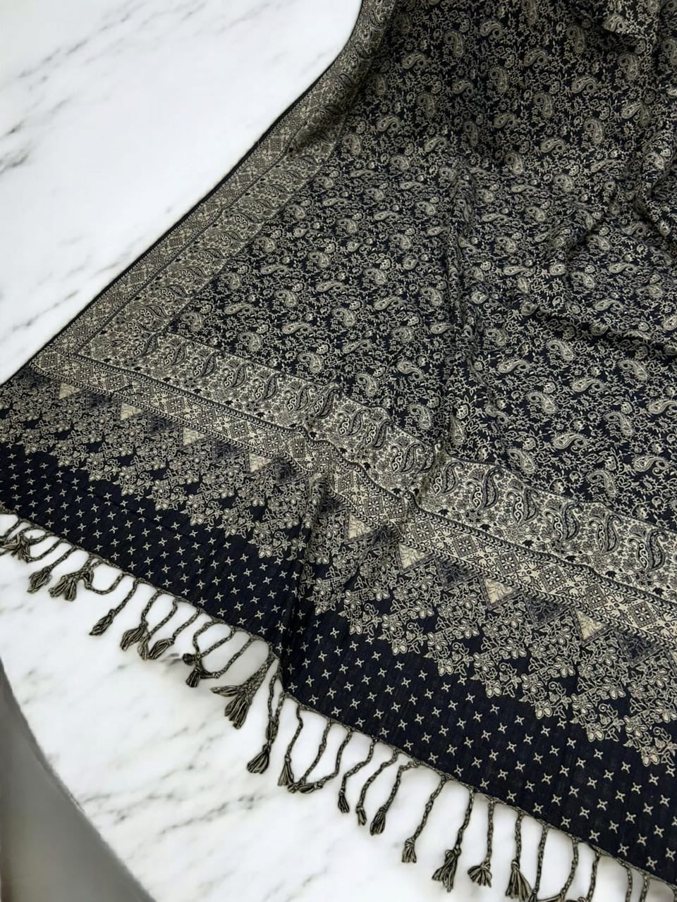 Threadwork Paisley Pashmina Shawl - Black Beige