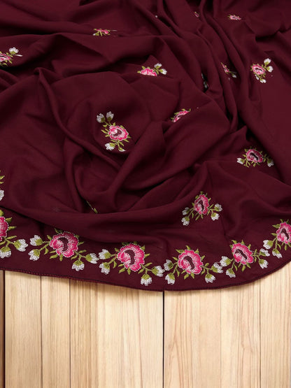 Maroon Pink Floral Garden Embroidered Shaal