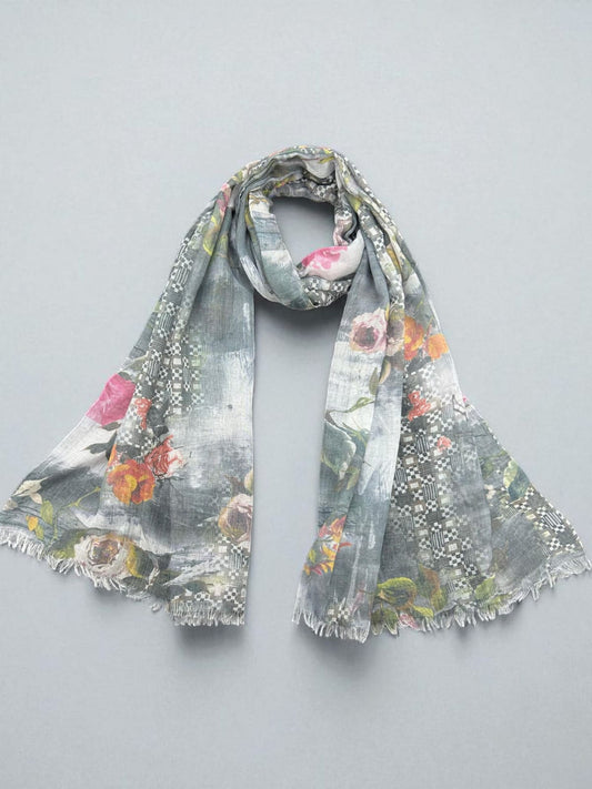 Grey Abstract Roses Printed Modal Hijab