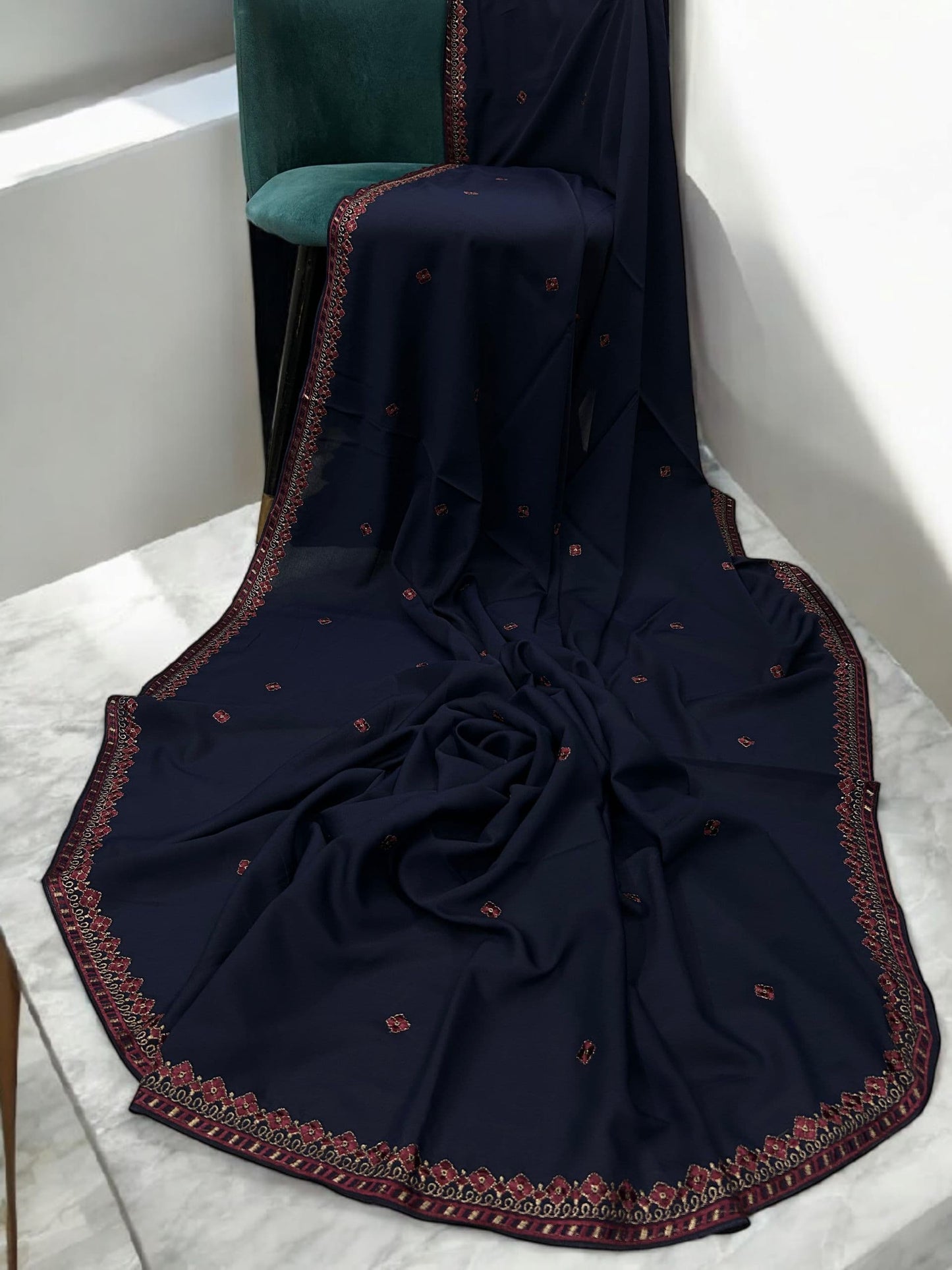 Navy Red Flowers Threadwork Embroidered Border Shaal
