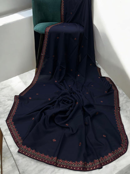 Navy Red Flowers Threadwork Embroidered Border Shaal