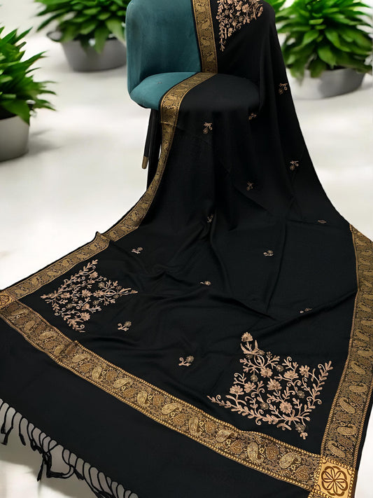 Black Gold Border Embroidered Floral Pashmina Shawl