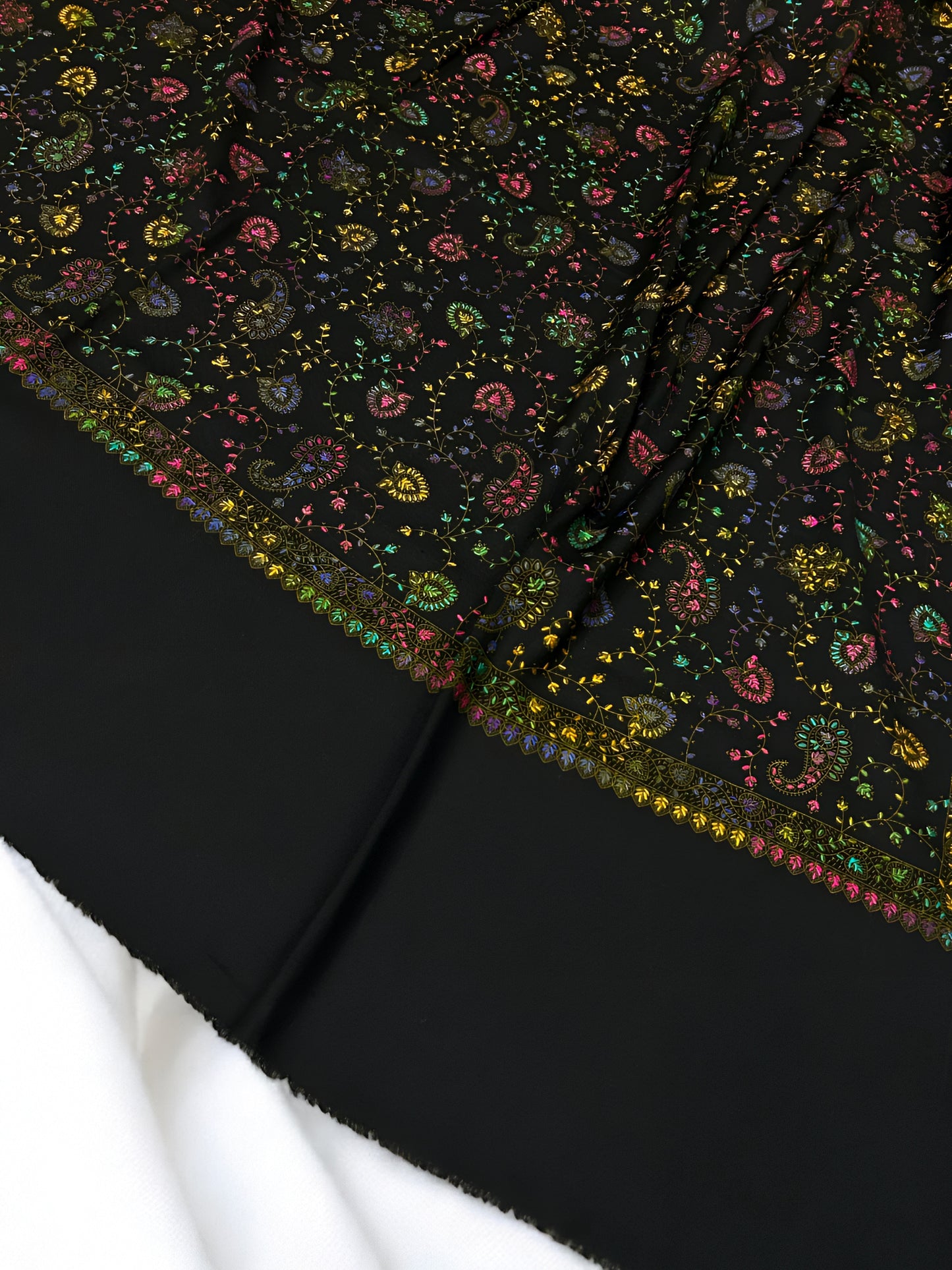 Black Yellow Multi - Hand Embroidered Paisley Kashmiri Shawl