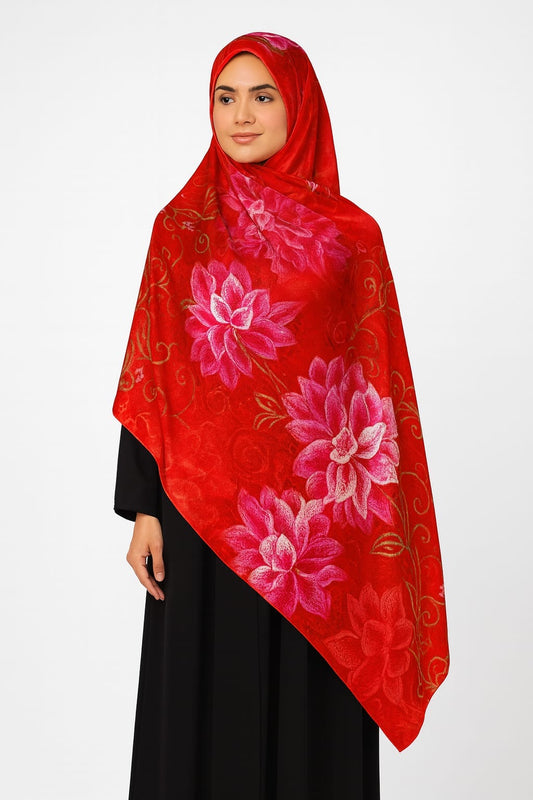 Large Satin Silk Scarf - Red Cranberry Floral