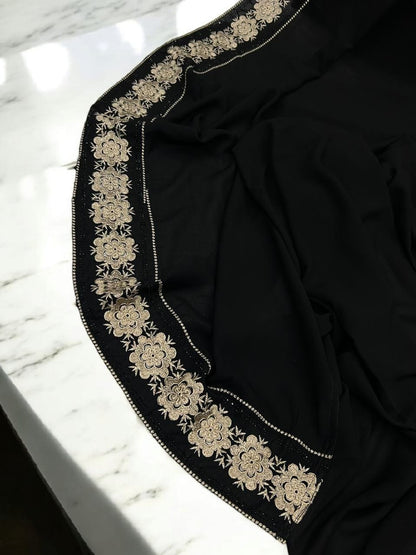 Luxury Black Cream Camellia Floral Border Korean Shaal