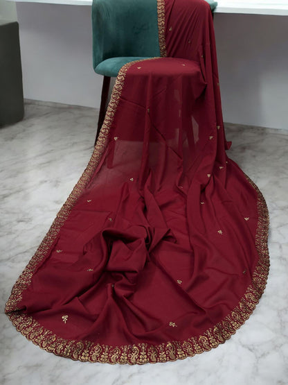 Maroon Bronze Cutwork Border Shaal