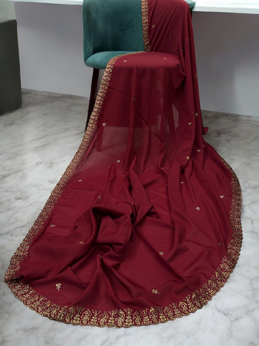 Maroon Bronze Cutwork Border Shaal