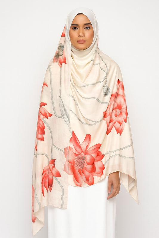 Large Satin Silk Scarf - Shell White Coral Floral