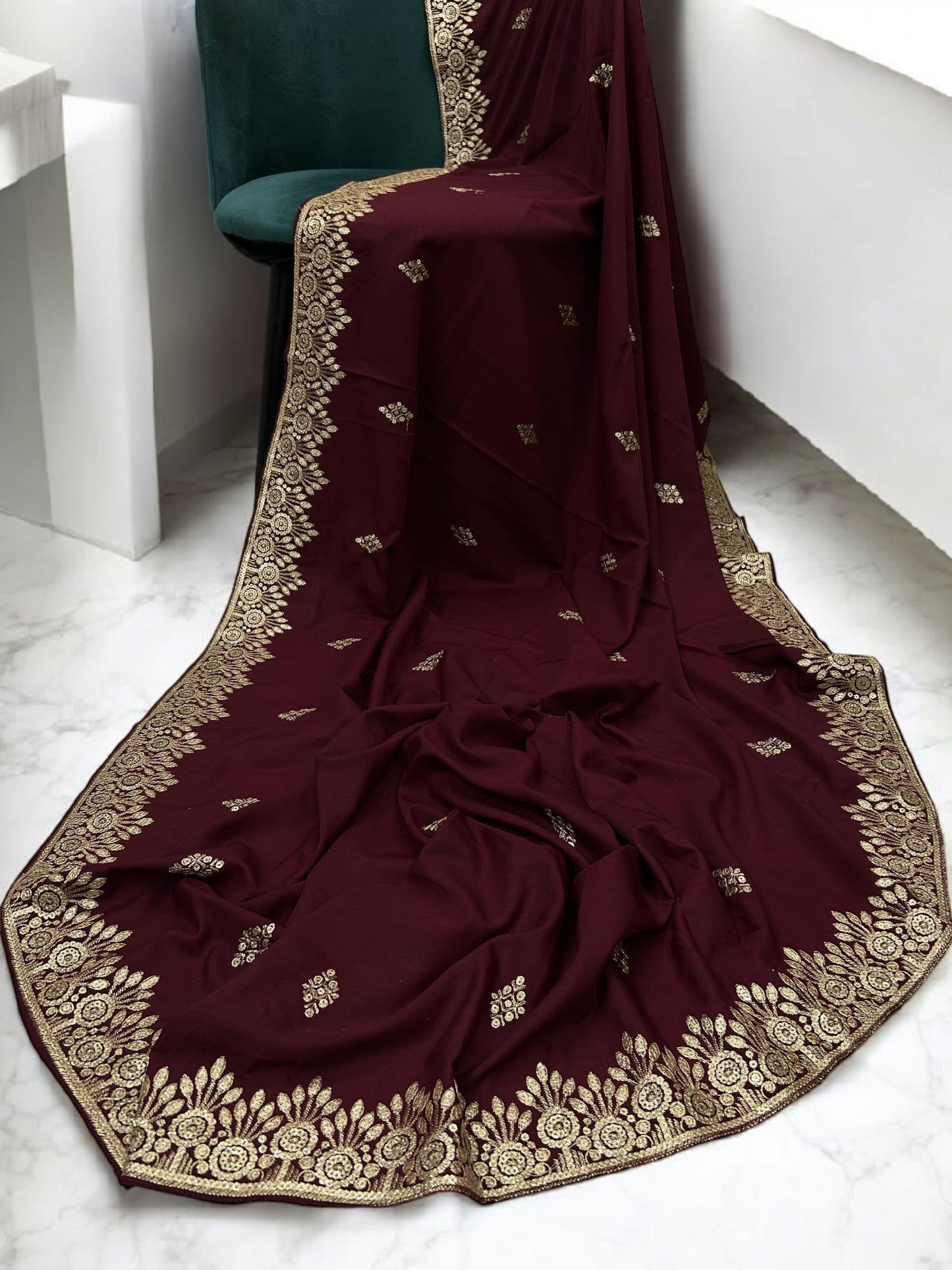 Maroon Gold Floral Sequence Bridal Embroidered Shaal