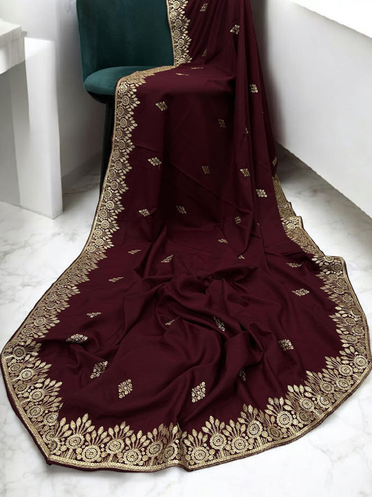 Maroon Gold Floral Sequence Bridal Embroidered Shaal