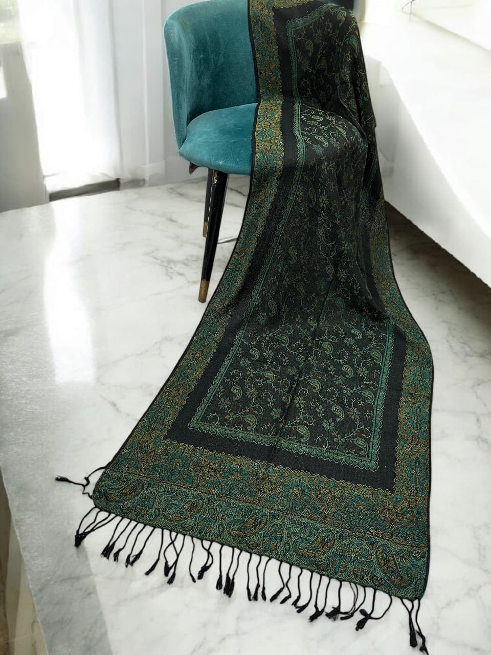 Navy Sea Green Little Paisleys Two-Tone Pashmina Hijab