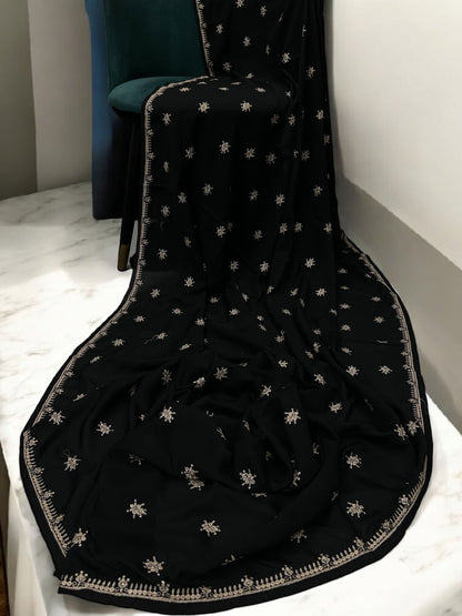 Black Cream Fancy Embroidered Border Shaal