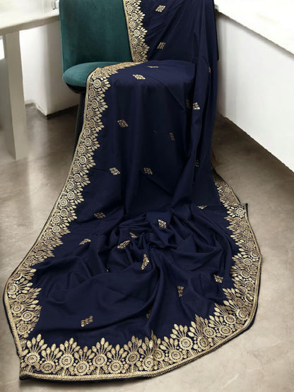 Navy Gold Floral Sequence Bridal Embroidered Shaal