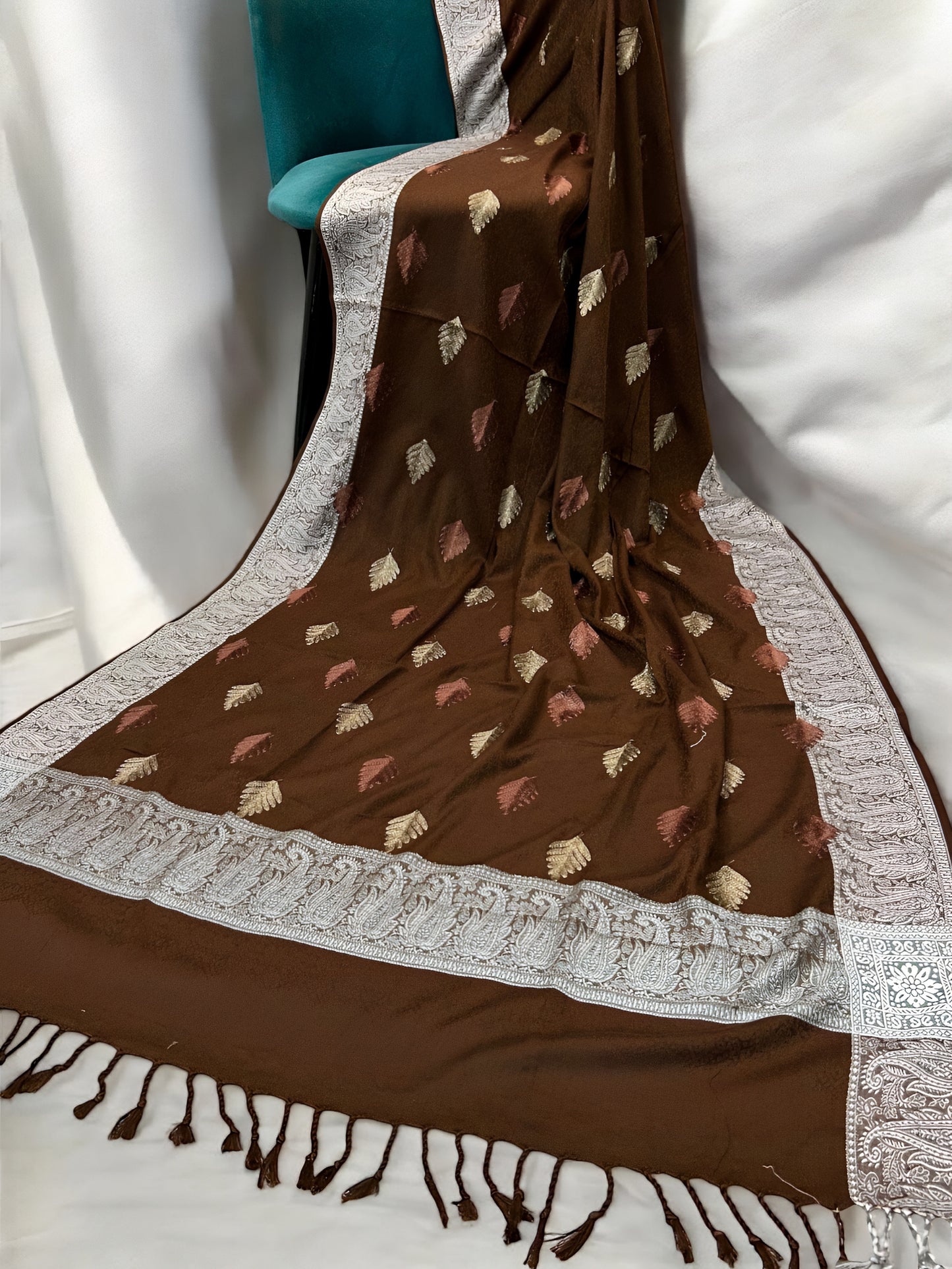 Chocolate Brown - Leaflet Kashmiri Border Shawl