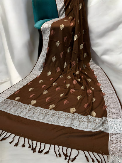 Chocolate Brown - Leaflet Kashmiri Border Shawl