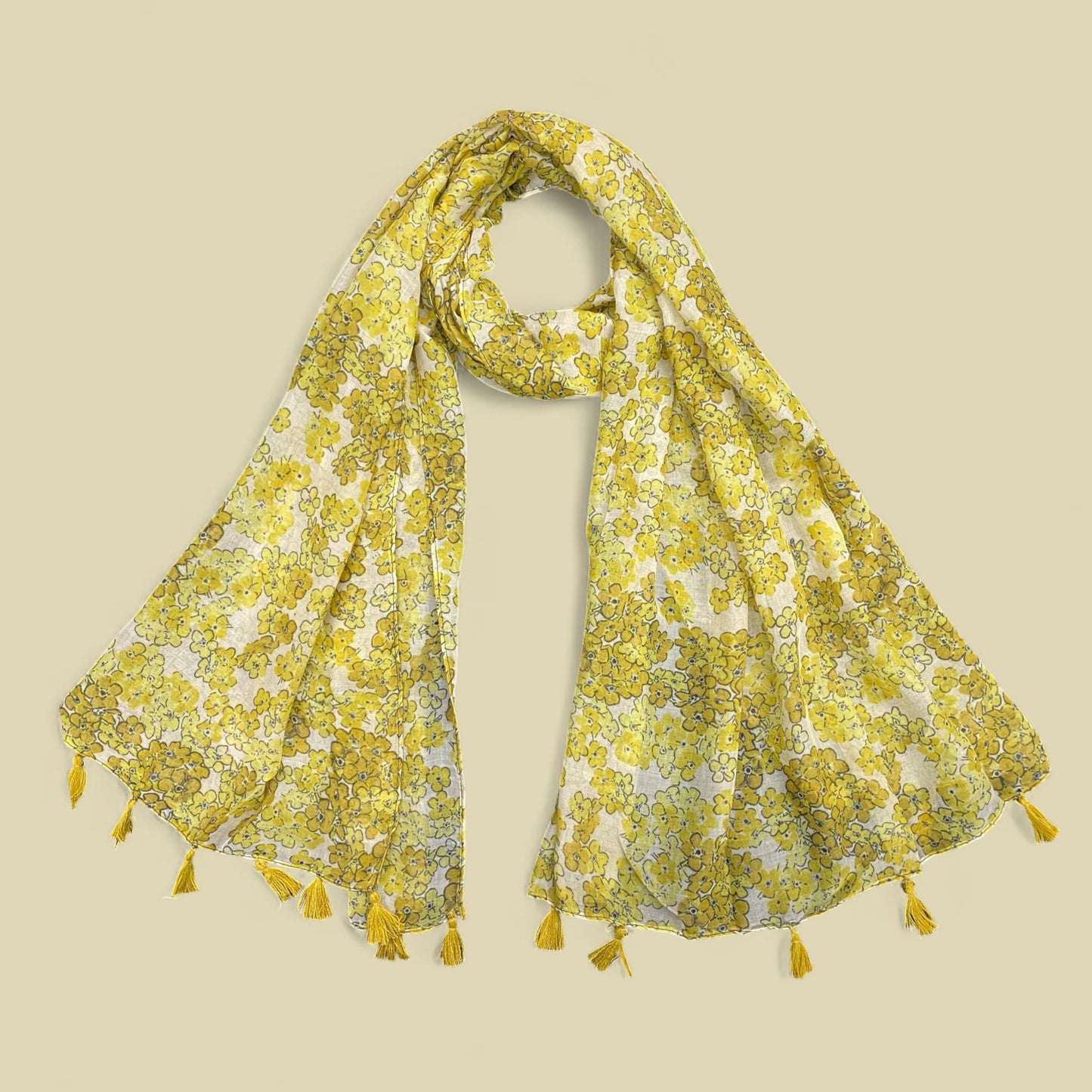 Mustard Yellow Floral Printed Lawn Tassel Hijab