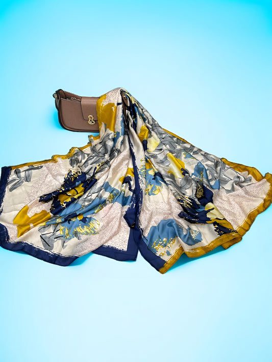 Large Satin Silk Scarf - Blue Marigold